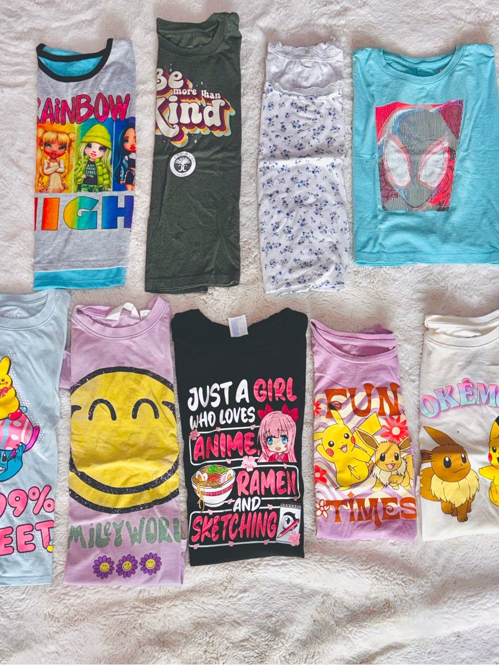 Girls Graphic Tee Bundle Size 10-12 Anime Pokémon Stitch Rainbow High Lot of 9